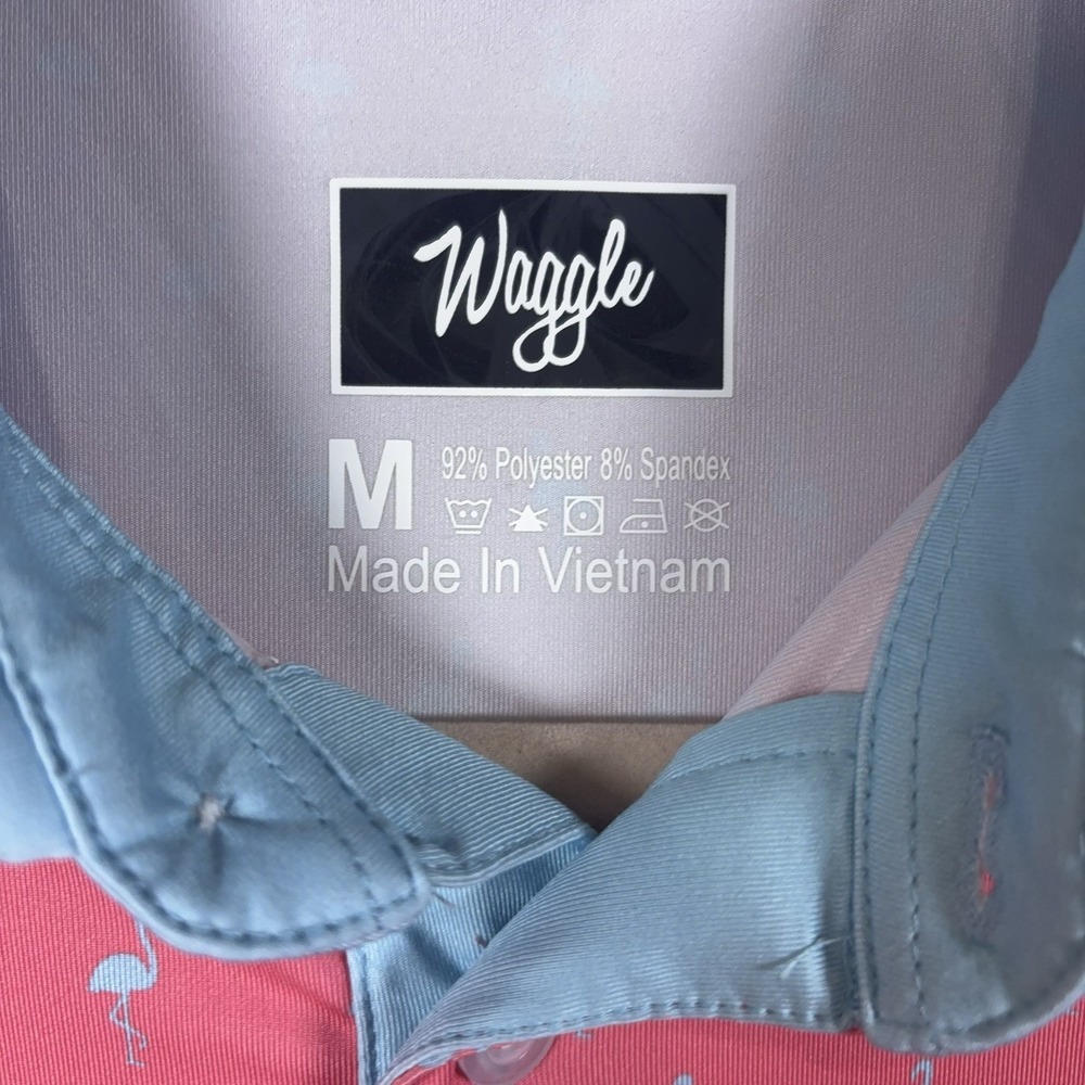 Waggle Polo Shirt Mens Sz M Pink Flamingos Stretch Performance Golf Golfer - Picture 5 of 7